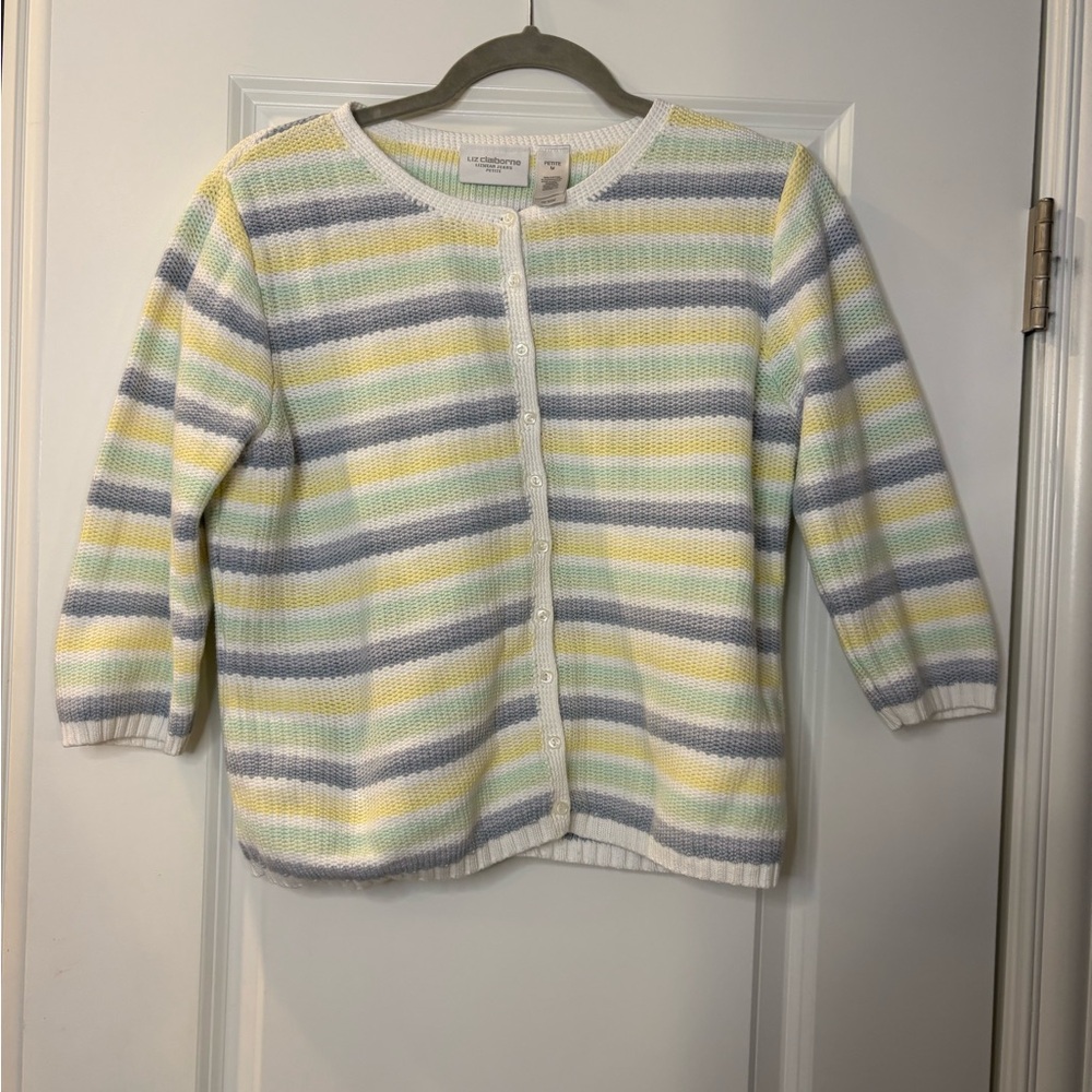 90s Liz Claiborne Pastel Striped Cardigan Sweater | Purple Yellow | M Petite